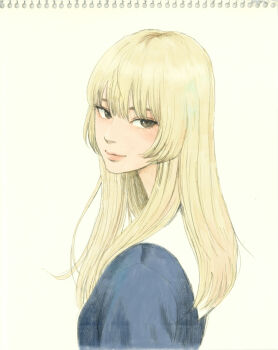 1other blonde_hair blunt_bangs brown_eyes from_side highres hime_cut long_hair looking_at_viewer muroda_kei official_art okaeri_alice oshimi_shuuzou other_focus school_uniform sidelocks smile solo traditional_media