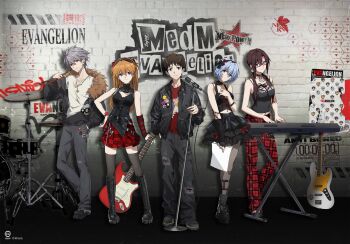 Rule 34 | 2boys, 3girls, alternate costume, artist collaboration, ayanami rei, bass drum, breasts, brown hair, copyright name, drum, electric guitar, glasses, guitar, holding, holding microphone, ikari shinji, instrument, logo, low twintails, makinami mari illustrious, microphone, multiple boys, multiple girls, nagisa kaworu, neon genesis evangelion, official alternate costume, official art, pants, piano, rebuild of evangelion, rock band, shirt, short shorts, shorts, simple background, skirt, smile, souryuu asuka langley, standing, twintails, two side up