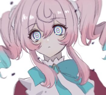 1girl bow green_hair green_ribbon hair_between_eyes hair_ornament highres honkai:_star_rail honkai_(series) hyacine_(honkai:_star_rail) looking_at_viewer multicolored_eyes multicolored_hair neruna_cake pink_hair red_bow ribbon short_twintails simple_background surprised teeth twintails white_background wide-eyed