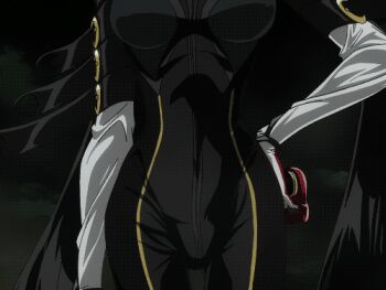 1girl animated animated_gif bayonetta bayonetta:_bloody_fate bayonetta_(series) breast_cutout breasts cleavage glasses gun hand_on_own_hip large_breasts lowres screencap solo weapon