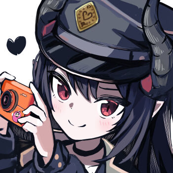 &gt;:) 1girl absurdres black_choker black_hair black_hat black_horns blue_archive blush camera chiaki_(blue_archive) choker closed_mouth commission demon_girl demon_horns dutch_angle hair_between_eyes hands_up hat heart highres horns long_hair long_sleeves looking_at_viewer peaked_cap pointy_ears portrait red_eyes sidelocks simple_background skeb_commission slit_pupils smile smug solo split_mouth thomason366 upturned_eyes v-shaped_eyebrows white_background
