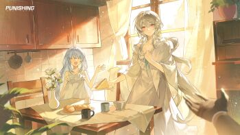 1other 2girls absurdres bread butter_knife chair copyright_name cup curtains drawer dress flower food frilled_dress frills highres holding holding_plate indoors knife liv_(pgr) long_hair mug multiple_girls official_art plant plate potted_plant punishing:_gray_raven rose sandwich sleeveless sleeveless_dress standing table tile_wall tiles vase white_dress white_flower white_hair white_rose window