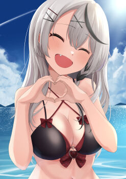 1girl :d absurdres bikini black_bikini black_hair black_streaks blue_sky blush breasts cleavage closed_eyes cloud collarbone commentary_request day facing_viewer fang grey_hair hair_between_eyes hair_ornament hairclip hands_up happy heart heart_hands highres hololive large_breasts long_hair multicolored_hair ocean open_mouth outdoors ramkilog sakamata_chloe sky smile solo streaked_hair sun swimsuit upper_body virtual_youtuber water x_hair_ornament