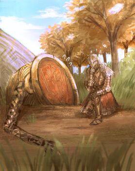 1other ambiguous_gender armor autumn_leaves bloody_wolf_(elden_ring) blue_sky blurry blurry_foreground cloud commentary elden_ring english_commentary grass greaves highres in-universe_location inktober iron_fist_alexander leaf mask on_one_knee outdoors rashuu scene_reference sky stuck tarnished_(elden_ring) tree