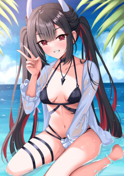 1girl absurdres azur_lane bikini black_bikini black_choker black_hair blue_sky breasts choker cloud cloudy_sky collarbone commentary day hatsuzuki_(august&#039;s_first_romance)_(azur_lane) hatsuzuki_(azur_lane) highres horns jewelry kuon_(kuon) long_hair long_sleeves looking_at_viewer multi-strapped_bikini_bottom multicolored_hair multiple_thigh_straps navel necklace official_alternate_costume outdoors red_eyes red_hair sky small_breasts smile solo summer swimsuit thigh_strap twintails two-tone_hair v very_long_hair