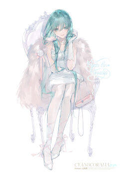 1girl absurdres arm_support artist_name bag blue_eyes blue_hair chair character_name chinese_commentary coat coat_on_shoulders commentary_request dress elbow_gloves flower full_body fur_coat gloves hair_over_eyes hair_over_shoulder hand_up handbag highres holding holding_bag leg_ribbon long_hair looking_at_viewer mixed-language_commentary on_chair original pantyhose pink_ribbon ribbon rose shoes sitting smile solo sparkle very_long_hair watermark white_dress white_flower white_pantyhose white_shoes zhanzhan_lan