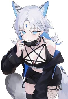 1girl absurdres animal_ear_fluff animal_ear_piercing animal_ears bare_shoulders black_collar black_jacket black_shorts blue_eyes blue_gem blue_hair blue_jacket breasts cleavage collar commentary cowboy_shot facial_mark forehead_jewel gem highres indie_virtual_youtuber jacket large_breasts leaning_forward long_sleeves looking_at_viewer luciwuzi_(vtuber) mask mask_pull mouth_mask multicolored_hair multicolored_jacket navel nbee_ya off_shoulder open_clothes open_jacket short_shorts shorts simple_background smile solo tail teeth thighs two-tone_hair two-tone_jacket white_background white_hair