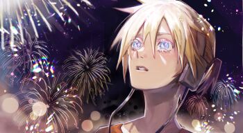 1boy blonde_hair blue_eyes chromatic_aberration commentary_request fire_flower_(vocaloid) fireworks headphones highres kagamine_len male_focus orange_shirt parted_lips portrait profile shirt solo soyaka tearing_up textless_version vocaloid