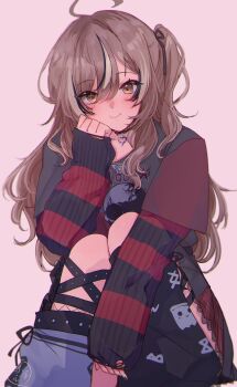 Rule 34 | 1girl, absurdres, ahoge, black hair, brown eyes, brown hair, choker, emo fashion, hair between eyes, heart, heart choker, highres, hololive, hololive english, huge ahoge, kokomi (aniesuakkaman), lace-trimmed choker, lace trim, long hair, looking at viewer, multicolored hair, nanashi mumei, nanashi mumei (emo), sitting, solo, streaked hair, striped clothes, striped sweater, sweater, two-tone sweater, virtual youtuber