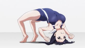 1girl animated animated_gif anime_screenshot black_hair blue_eyes breasts competition_swimsuit feet hair_ribbon kaminashi_nozomi keijo!!!!!!!! one-piece_swimsuit ponytail ribbon stretching swimsuit teeth upside-down
