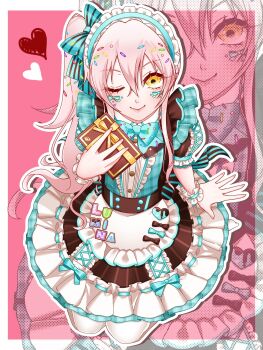 Rule 34 | 1girl, ;), apron, aqua bow, bow, box, box of chocolates, commentary request, d4dj, dress, frilled dress, frilled sleeves, frills, gift, gift box, gloves, heart, highres, holding, ichihoshi lumina, long hair, looking at viewer, maid apron, momono 1116, one eye closed, pantyhose, pink hair, ponytail, puffy short sleeves, puffy sleeves, ribbon, short sleeves, side ponytail, smile, solo, white pantyhose, yellow eyes