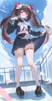 1girl :q black_serafuku black_shoes blue_sky breasts brown_hair commentary day fox_mask from_below full_body highres honkai:_star_rail honkai_(series) looking_at_viewer mark_under_both_eyes mask mask_on_head medium_breasts midriff navel night_known on_rooftop outdoors paid_reward_available pleated_skirt purple_eyes rooftop school_uniform serafuku shoes skindentation skirt skirt_hold sky socks solo sparkle_(honkai:_star_rail) stomach thighhighs tongue tongue_out twintails white_socks white_thighhighs