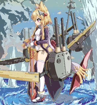 Rule 34 | 1girl, anchor symbol, azur lane, black panties, blonde hair, chinese commentary, commentary, gloves, headgear, highres, holding, holding sword, holding weapon, jacket, jiaojuangagami, panties, pixel art, purple jacket, rigging, scarf, side-tie panties, solo, sword, thighhighs, underwear, warspite (azur lane), water, weapon, white gloves, white scarf, white thighhighs