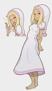 absurdres arms_behind_back barefoot blonde_hair dark-skinned_female dark_skin gravity_daze hat highres kitten_(gravity_daze) nightcap nightgown one_eye_closed red_eyes simple_background splashbrush yawning