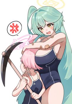 2girls absurdres abydos_high_school_swimsuit ahoge anger_vein bandaid bandaid_on_arm bare_arms black_one-piece_swimsuit blue_archive blush breast_smother breasts face_to_breasts green_hair halo height_difference highres holding holding_pickaxe hoshino_(blue_archive) hoshino_(first_year)_(blue_archive) je_o_mo large_breasts long_hair looking_at_another multiple_girls one-piece_swimsuit open_mouth pickaxe pink_hair pink_halo short_hair simple_background smile spoken_anger_vein swimsuit very_long_hair white_background yellow_eyes yellow_halo yume_(blue_archive)