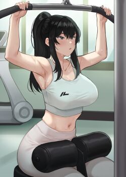 1girl armpits arms_up bare_shoulders black_hair blue_eyes blush breasts cleavage collarbone commentary english_commentary exercising gym high_ponytail indoors jagaimo_(kkamja) large_breasts midriff navel original pants ponytail sidelocks sitting solo sports_bra sweat treadmill weight_machine white_pants window yoga_pants yoo_sena_(jagaimo_(kkamja))