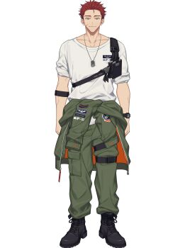 18trip 1boy absurdres arm_belt belt black_belt black_shoes boots cargo_pants closed_mouth clothes_around_waist combat_boots crossbody_bag full_body green_eyes green_jacket green_pants highres iwabuchi_daniel_hiroshi jacket jacket_around_waist jewelry male_focus muscular muscular_male necklace official_art pants red_hair scar scar_on_face shirt shoes simple_background sleeves_rolled_up smile thigh_belt thigh_strap v-taper watch white_background white_shirt wristwatch