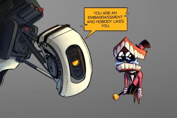 1boy 1other absurdres black_bow black_bowtie black_hat blue_eyes bow bowtie caine_(the_amazing_digital_circus) collared_jacket crossover dentures detached_eyes english_text formal_clothes glados gloves green_eyes grey_background hat heterochromia highres jacket looking_at_another pants pointing pointing_at_viewer portal_(series) red_suit sad suit tears the_amazing_digital_circus top_hat white_gloves