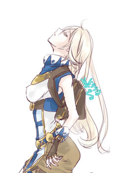 1girl ahoge backpack bag blonde_hair blue_shirt breasts brown_bag brown_gloves brown_shorts closed_eyes commentary_request cowboy_shot cross cross_print dated fingerless_gloves gloves head_back long_hair medium_breasts open_mouth ragnarok_online shirt shorts simple_background sleeveless sleeveless_shirt solo super_novice_(ragnarok_online) toriria turtleneck turtleneck_shirt two-tone_shirt white_background white_shirt