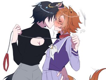 2girls absurdres akasukiane04 animal_ears black_hair black_shirt blush breasts cleavage cleavage_cutout clothing_cutout collar commentary english_commentary fuji_kiseki_(umamusume) grey_pants hand_on_another&#039;s_waist highres holding holding_leash horse_ears horse_girl horse_tail leash medium_breasts multiple_girls orange_hair pants parted_lips pleated_skirt purple_shirt purple_skirt school_uniform shirt short_hair simple_background skirt sweat t.m._opera_o_(umamusume) tail tracen_school_uniform trembling umamusume white_background yuri