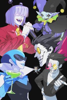 1girl 3boys ant_tenna antennae black_background breasts colored_skin deltarune fangs grin hat heterochromatic_eyewear high_collar highres jester_cap jevil lantern_madoyoi medium_breasts multiple_boys personification queen queen_(deltarune) sharp_teeth short_hair simple_background smile spamton_g._spamton teeth tinted_eyewear two-tone_hat utdr_(toby_fox) white_skin