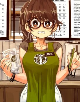 1girl absurdres apron black-framed_eyewear breasts brown_eyes brown_hair character_request cup disposable_cup earrings green_apron highres hoop_earrings iced_latte_with_breast_milk_(meme) jewelry julie_powers large_breasts maddoxfanx meme menu name_tag pen ponytail scott_pilgrim_(series) solo
