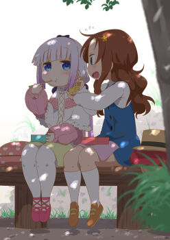 2girls bench bento blue_eyes blush brown_hair capelet chopsticks dappled_sunlight day dress eating feeding food gradient_hair green_eyes hat unworn_hat unworn_headwear highres holding holding_chopsticks kanna_kamui kobayashi-san_chi_no_maidragon long_hair long_sleeves looking_at_another multicolored_hair multiple_girls napkin omelet open_mouth outdoors pantyhose purple_hair saikawa_riko samansa_ex sitting smile sunlight tamagoyaki tree