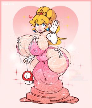 Rule 34 | 1girl, alternate breast size (larger), ass, blonde hair, blue eyes, breasts, covered erect nipples, crown, dress, earrings, gigantic breasts, glitter, glitter dress, gold crown, highres, huge ass, jewelry, long dress, mario (series), nintendo, pink background, pink dress, pink lips, plump, pointed crown, ponytail, princess peach, revealing clothes, ribbon, shiny skin, sphere earrings, super mushroom, swiiiiitch, thick lips, waving, white ribbon