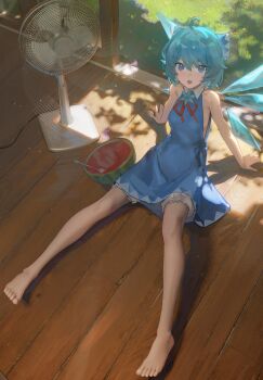1girl absurdres barefoot blue_bow blue_dress blue_eyes blue_hair blue_wings bow cirno commentary crystal_wings dress electric_fan food fruit hair_bow highres indoors on_floor open_mouth short_hair shorts shorts_under_skirt sitting sleeveless sleeveless_dress solo touhou untranslatable_commentary verniy_(tony52911856) watermelon white_shorts wings