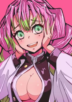 1girl absurdres blush breasts choppy_bangs cleavage colored_tips commentary_request green_eyes hands_on_own_cheeks hands_on_own_face highres kanroji_mitsuri karan_koron100 kimetsu_no_yaiba large_breasts long_hair long_sleeves looking_at_viewer mole mole_under_each_eye mole_under_eye multicolored_hair multiple_moles open_mouth pink_background pink_hair raised_inner_eyebrows simple_background smile solo upper_body