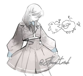 1girl absurdres bang_dream! bang_dream!_it's_mygo!!!!! bird black_necktie blush closed_eyes closed_mouth commentary_request grey_jacket grey_skirt highres jacket jhon_trick necktie penguin pleated_skirt real_life sheep simple_background skirt skirt_hold takamatsu_tomori voice_actor voice_actor_connection white_background youmiya_hina