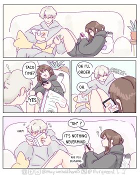 ! 1boy 1girl ? black_hoodie black_shorts blush book brown_hair couch couple english_text grey_hair grey_hoodie grey_pants hair_between_eyes hetero highres holding holding_book hood hood_down hoodie iturqueen1 long_hair looking_at_phone love_and_deepspace open_book pants phone plant potted_plant protagonist_(love_and_deepspace) reading short_hair shorts socks stuffed_animal stuffed_rabbit stuffed_toy twitter_username xavier_(love_and_deepspace) yellow_socks