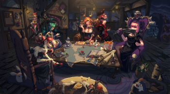 6+girls absurdres asacoco bibi_(tokoyami_towa) black_cape black_jacket black_nails blonde_hair bloop_(gawr_gura) blue_dress breasts candle cape chicken_(food) cleavage cleavage_cutout closed_eyes clothing_cutout cloud cloudy_sky collared_shirt colored_skin commentary crossed_legs cup detached_sleeves dice double_bun dragon_horns dress english_commentary flat_chest food fried_chicken gawr_gura green_eyes green_hair grey_skin haaton_(akai_haato) hair_behind_ear hair_bun hat head_tilt heterochromia highres holding holding_cup holding_scythe hololive hololive_english hololive_indonesia horns houshou_marine houshou_marine_(1st_costume) jacket kfp kintsuba_(shiranui_flare) kiryu_coco kiryu_coco_(1st_costume) knife kureiji_ollie kureiji_ollie_(1st_costume) large_breasts looking_at_viewer map mask medium_breasts minato_aqua minato_aqua_(1st_costume) mori_calliope mori_calliope_(1st_costume) multicolored_hair multiple_girls nail_polish nontraditional_miko off_shoulder oni_mask open_mouth orange_hair parted_lips patchwork_skin pekomon_(usada_pekora) pink_hair pirate pirate_hat red_eyes red_hair red_skirt sakura_miko sakura_miko_(1st_costume) scythe shirt shrimp side_ponytail sitting skirt sky smile spikes stairs stitched_face stitches streaked_hair subaru_duck sword takodachi_(ninomae_ina&#039;nis) tentacles thighhighs tiara tsunomaki_watame twintails uruha_rushia veil virtual_youtuber walking weapon white_shirt yagoo yellow_eyes youtube_creator_award zheng_jian zombie