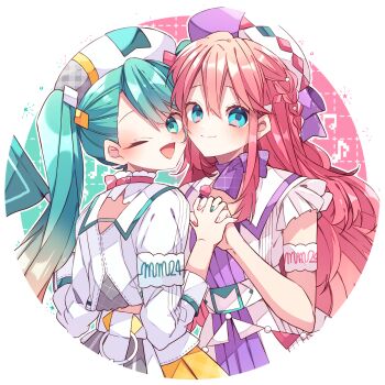 2girls ;d blue_eyes blue_hair border choker closed_mouth commentary_request dress frilled_choker frills green_background grid_background hat hatsune_miku highres holding_hands interlocked_fingers kaho_0102 long_hair long_sleeves looking_at_viewer magical_mirai_(vocaloid) magical_mirai_luka magical_mirai_luka_(2024) magical_mirai_miku magical_mirai_miku_(2024) megurine_luka multiple_girls one_eye_closed open_mouth outline outside_border pink_background pink_choker pink_hair purple_dress round_border shirt smile twintails two-tone_background upper_body vocaloid white_border white_hat white_outline white_shirt