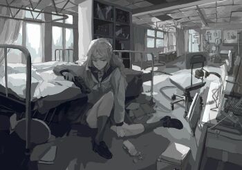 1girl absurdres bed bin_jiang chair commentary gun highres holding holding_gun holding_weapon juusan_kihei_bouei_ken long_hair school_uniform serafuku shelf shinonome_ryouko_(juusan_kihei_bouei_ken) solo weapon