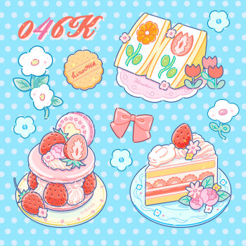 blue_background bow cake candy commentary_request cookie flower food food_focus fruit fruit_sandwich highres hiro046k macaron orange_(fruit) orange_slice original plaid_clothes polka_dot polka_dot_background red_bow strawberry strawberry_sandwich strawberry_shortcake sweets white_flower