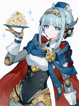 1girl absurdres android aqua_eyes aqua_hair blue_cape cape closed_mouth genshin_impact hair_ornament hat highres holding holding_plate humanoid_robot ineffa_(genshin_impact) long_hair looking_at_viewer nirako_mona plate robot robot_girl simple_background solo white_background
