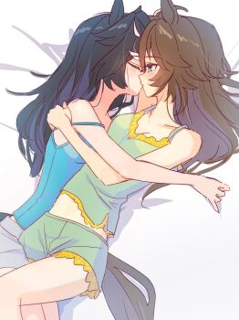 2girls animal_ears black_hair blue_camisole brown_hair camisole closed_eyes commentary_request green_camisole green_eyes green_shorts horse_ears horse_girl hug katsuragi_ace_(umamusume) kiss lateophy2 leg_between_thighs long_hair mr._c.b._(umamusume) multiple_girls shorts strap_slip umamusume yuri