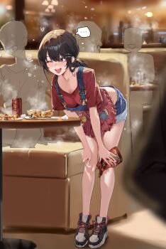 +++ ... 1girl 3others ;d absurdres apron bare_legs bent_over black_hair black_shoes blush breasts brown_eyes can cleavage collarbone denim denim_shorts drink_can flying_sweatdrops food full_body hair_ornament hairclip highres holding indoors long_hair low_ponytail medium_breasts menu motion_lines multiple_others one_eye_closed open_mouth original plate ponytail red_apron red_shirt restaurant shirt shoes short_shorts short_sleeves shorts smile sneakers soda_can solo_focus speech_bubble spoken_ellipsis standing steam striped_apron striped_clothes sweat teeth upper_teeth_only yiran