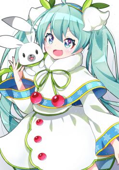 1girl ahoge blush bubble_skirt capelet closed_mouth commentary_request dress flower fuusen_neko green_eyes green_hair hair_between_eyes hair_flower hair_ornament hatsune_miku highres holding holding_flower leaf long_hair long_sleeves looking_at_viewer miku_day official_alternate_costume official_alternate_hairstyle rabbit rabbit_yukine simple_background skirt snowflake_print solo twintails very_long_hair vocaloid white_background white_capelet white_dress yuki_miku yuki_miku_(2015)