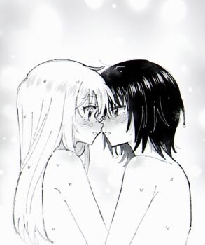 2girls blush chinese_commentary commentary_request eye_contact funami_yui greyscale long_hair looking_at_another mirabilite0318 monochrome multiple_girls parted_lips short_hair toshinou_kyouko upper_body wet yuri yuruyuri