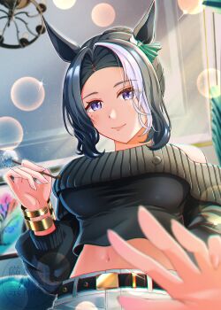 1girl absurdres animal_ears bare_shoulders belt black_belt black_hair black_shirt blue_eyes blush bracelet braid braided_bun breasts casual closed_mouth commentary_request cropped_sweater from_below hair_bun highres holding horse_ears horse_girl jewelry large_breasts looking_at_viewer mejiro_ramonu_(casual)_(umamusume) mejiro_ramonu_(umamusume) midriff mimikaki mole mole_under_eye multicolored_hair navel off-shoulder_shirt off-shoulder_sweater off_shoulder pants ruto._(vnaf3373) shirt short_hair smile streaked_hair sweater umamusume white_hair white_pants