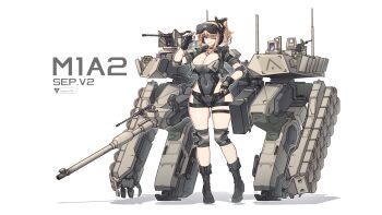 1girl absurdres armored_vehicle breasts browning_m2 cannon caterpillar_tracks commentary_request gun heavy_machine_gun highres large_breasts m1_abrams m1_abrams_(personification) machine_gun mecha_musume military military_vehicle motor_vehicle original personification reactive_armor sherman_(egnk2525) smoke_grenade_launcher tank tank_gun tank_turret vehicle_focus weapon