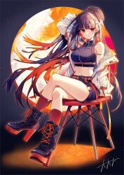 Rule 34 | 1girl, arm behind head, arm up, bare shoulders, black footwear, black hair, boots, breasts, chair, closed mouth, crop top, crossed legs, earrings, full body, full moon, hair ornament, hairclip, hat, highres, jacket, jewelry, large breasts, long hair, looking at viewer, midriff, moon, multicolored hair, off shoulder, open clothes, open jacket, original, oshio (dayo), red eyes, red hair, signature, sitting, sleeveless, solo, stomach, very long hair, white jacket