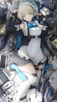 1girl absurdres battle_damage black_gloves blonde_hair blue_archive blue_bow blue_bowtie blue_eyes blue_streaks bow bowtie braid breasts bullet_hole chest_harness commentary_request dappled_sunlight dress earpiece elbow_gloves expressionless feet_out_of_frame fingerless_gloves flower frilled_dress frills gloves hair_intakes half_up_braid hands_up harness highres inre_kemomimi large_breasts layered_dress long_hair looking_at_viewer lying maid maid_headdress multicolored_dress multicolored_hair on_back on_floor rubble shell_casing short_hair sleeveless sleeveless_dress solo streaked_hair sunlight thigh_strap thighhighs tile_floor tiles toki_(blue_archive) very_long_hair white_dress white_flower white_thighhighs