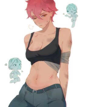 Rule 34 | 2girls, alien stage, bandaged arm, bandaged torso, bandages, black bra, bra, breasts, bruise, bruise on arm, cleavage, commentary, grey pants, hashtag-only commentary, heart, highres, injury, medium breasts, midriff, mizi (alien stage), multiple girls, navel, open mouth, pants, pink hair, short hair, solo focus, sua (alien stage), underwear, very short hair, whitebeepink