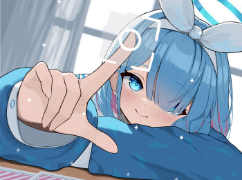 1girl arm_rest arms_on_table arona_(blue_archive) blue_archive blue_eyes blue_hair blue_halo blue_shirt bow_hairband choker closed_mouth colored_inner_hair commentary curtains desk hair_over_one_eye hairband halo highres index_finger_raised indoors light_blush long_sleeves looking_at_viewer multicolored_hair pink_hair recruitment_(blue_archive) shirt short_hair smile solo two-tone_hair user_interface white_choker white_hairband window yiray_(112170063)