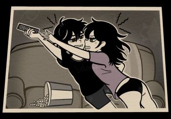 1boy 1girl ass black_panties clenched_teeth controller couch food holding holding_controller holding_remote_control indoors non-web_source panties popcorn remote_control teeth the_coffin_of_andy_and_leyley underwear