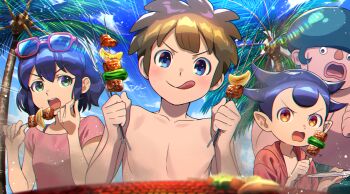 1girl 3boys blue_eyes blue_hair blue_sky bra_strap brown_hair cloud cooking dolustoy eating eyewear_on_head food glasses green_eyes green_hair green_male_swimwear grill grilling highres holding holding_skewer inazuma_eleven inazuma_eleven_(series) kabeyama_heigorou kogure_yuuya male_swimwear meat multiple_boys open_clothes open_mouth open_shirt orange_eyes otonashi_haruna palm_tree pink_shirt red-framed_eyewear shirt skewer sky spiked_hair tachimukai_yuuki tongue tongue_out topless_male tree upper_body vegetable