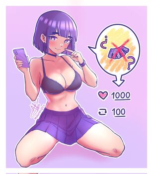 +_+ 1girl artist_name black_bra black_choker bob_cut bra breasts cellphone choker commentary corrupted_twitter_file cross cross_earrings earrings english_commentary highres holding holding_phone jewelry large_breasts like_and_retweet mimundoalex miniskirt navel original phone pleated_skirt purple_eyes purple_hair signature skirt smartphone solo twitter_strip_game underwear wristband